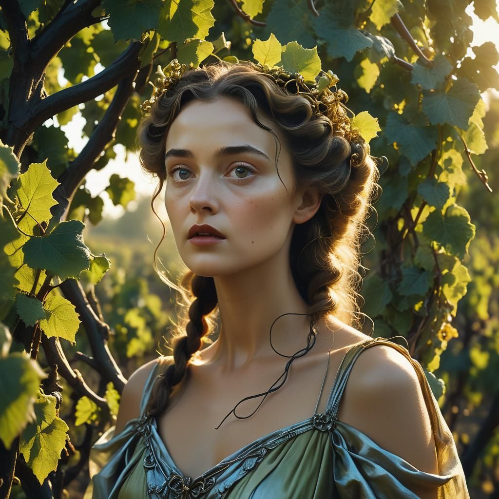 Surreal Persephone Portrait in Vineyard at Dusk