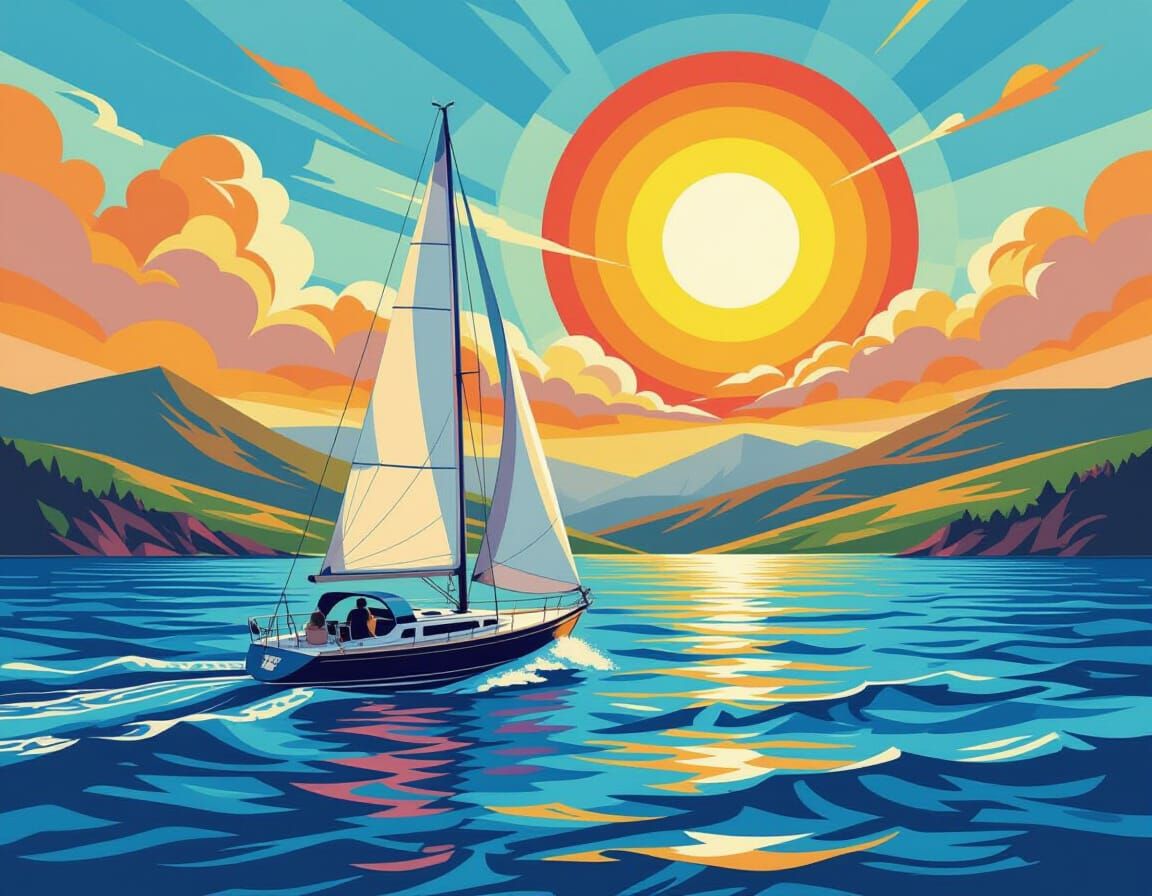Vibrant Seascape with Sailboat and Stylized Sun
