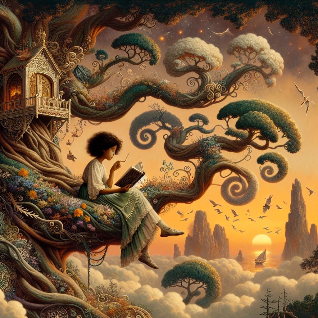 Girl Reading in Treehouse on Cloud, Symbolist Style