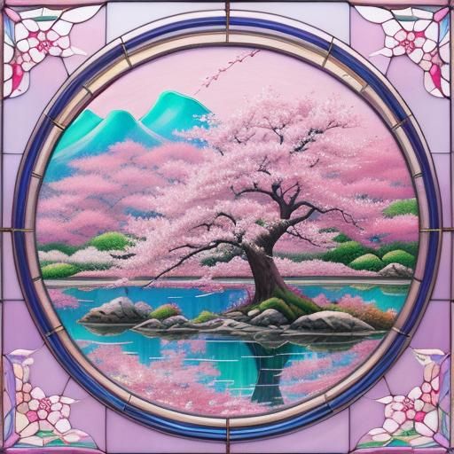 Japanese Stained Glass with Cherry Blossoms in Pastel