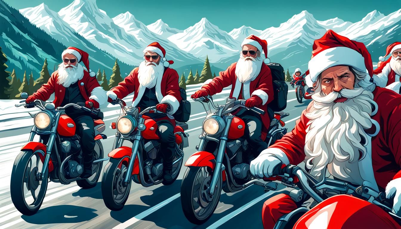 Santa Bikers Ride Through Snowy Mountain Landscape