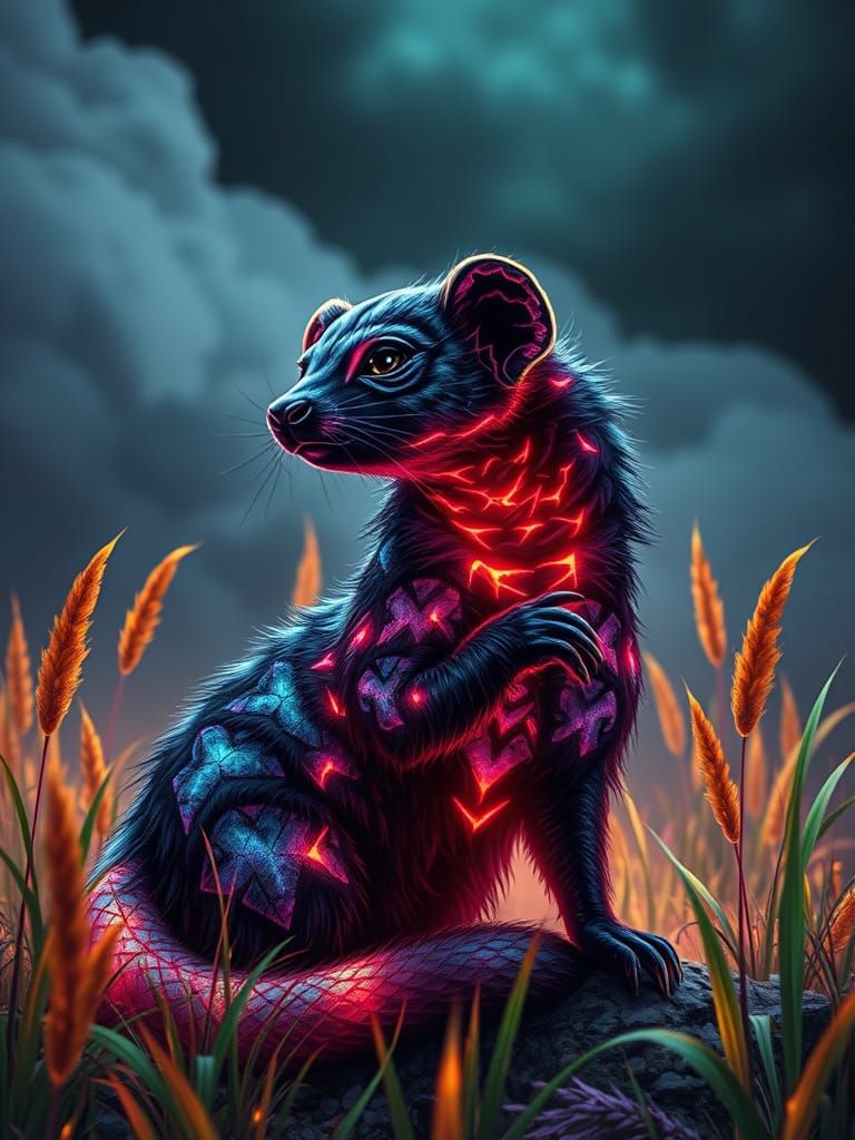 Surreal Glowing Mongoose with Fractal Patterns in Anime Styl...