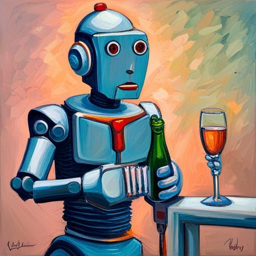 Robot Toy Celebrates with Champagne: Neo-Impressionist Paint...