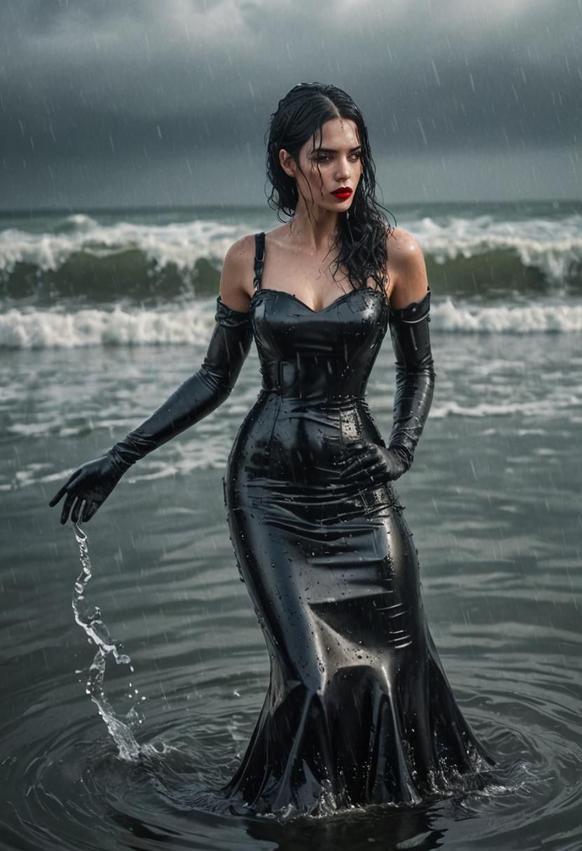 Woman in Wet Latex Dress in the Sea