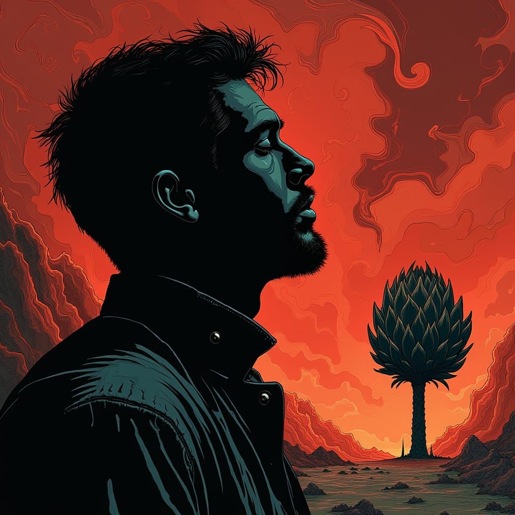 Man Contemplating Cosmic Artichoke in Film Noir Style