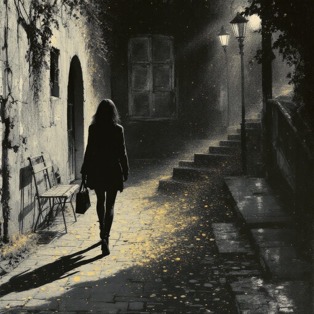 Charcoal Pointillism: Quiet Street Scene in Goya Style