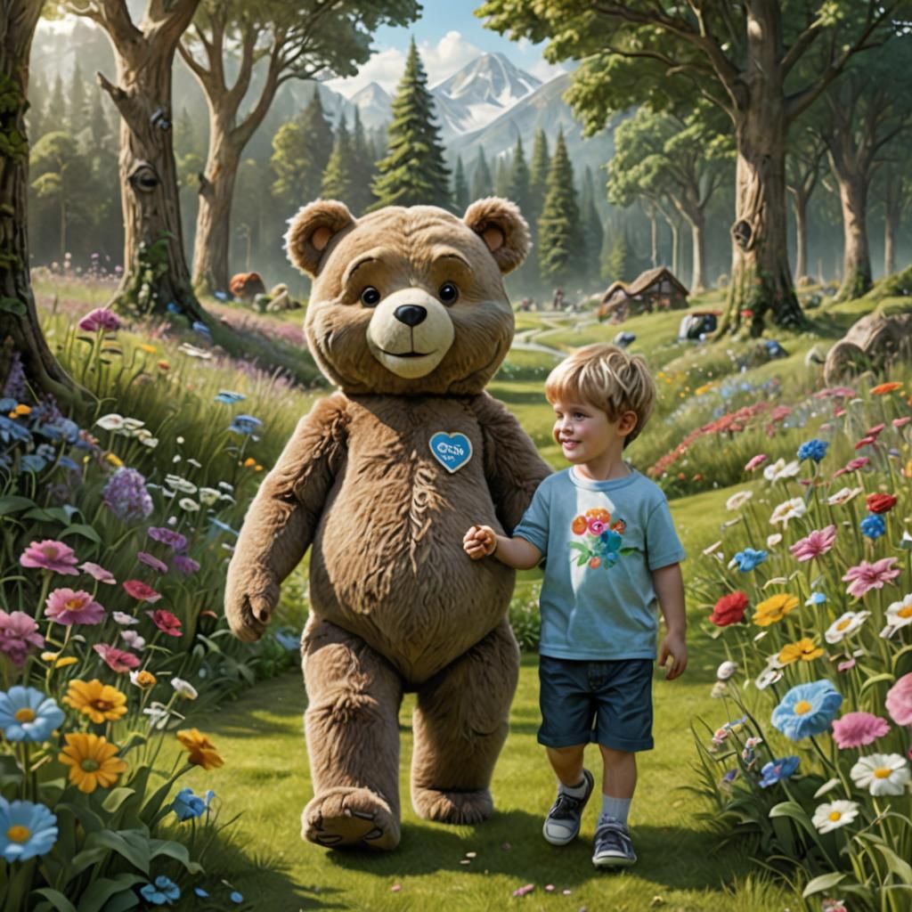 Boy and Care Bear in Wonderland Meadow