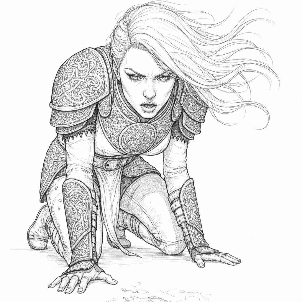 Fierce Warrior Woman Line Drawing in Celtic Armor