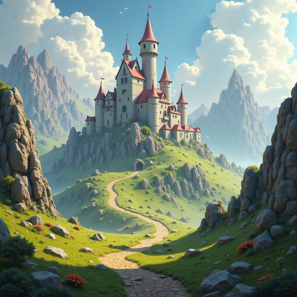 A Realistic Animated Castle Walks Through Serene Hills