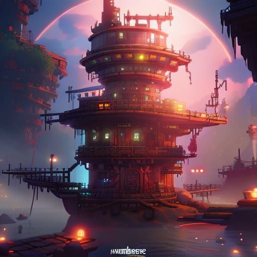 Cyberpunk Treehouse on Misty Lake in Fantasy Style