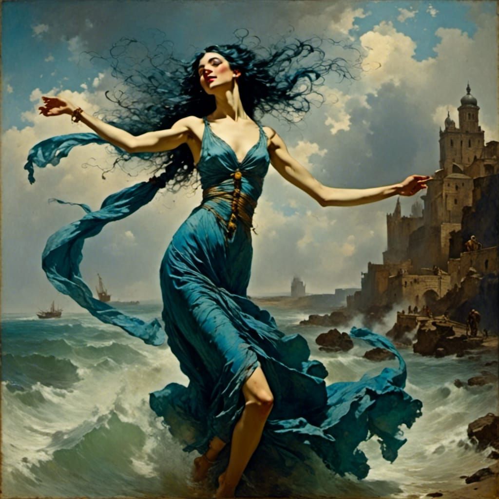 Blue-Haired Woman in Fin-de-Siecle Dress