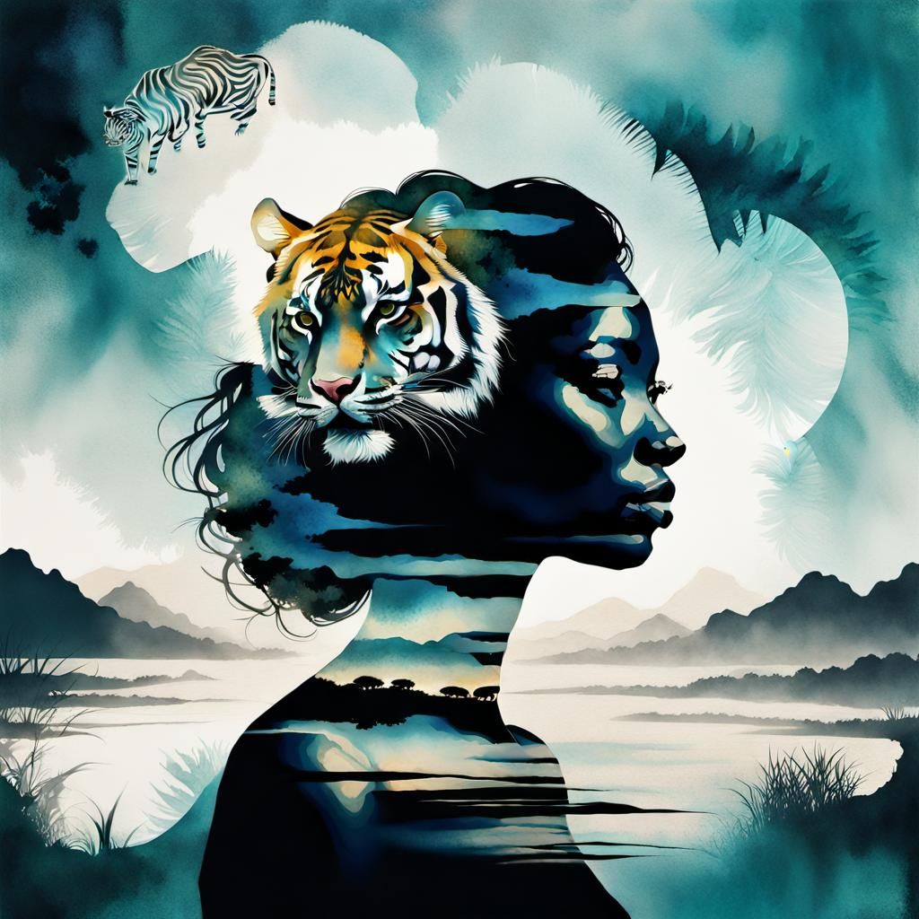 Tiger Silhouette Double Exposure in Alcohol Ink Style