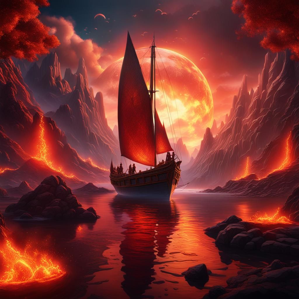 Magma Lake Sailing: Fantastical Matte Painting