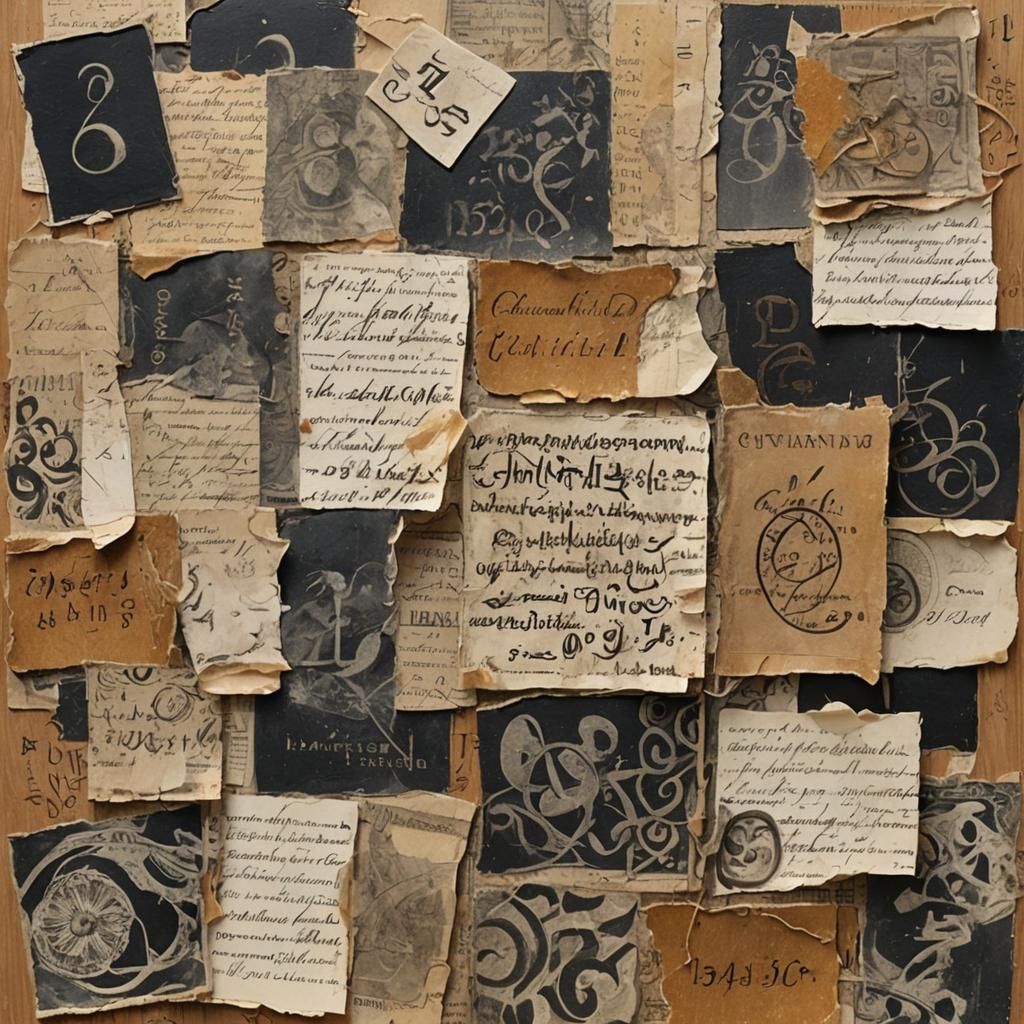 Antique Paper Collage with Charcoal Drawings