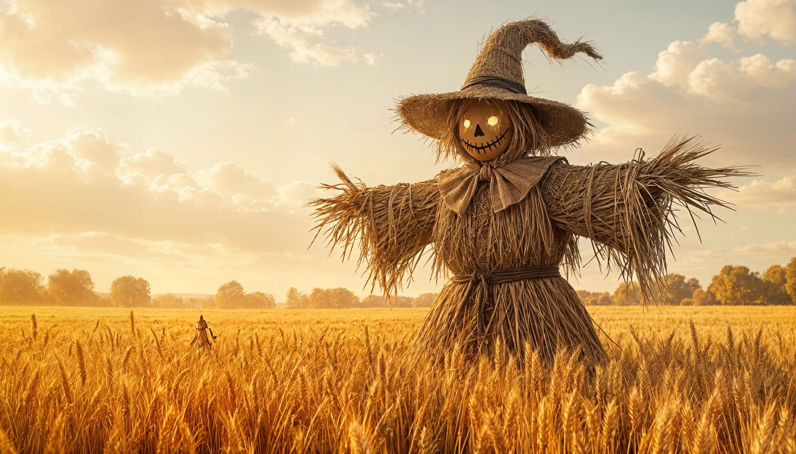 Giant Wheat Scarecrow Guards Autumn Field Under Starlit Sky