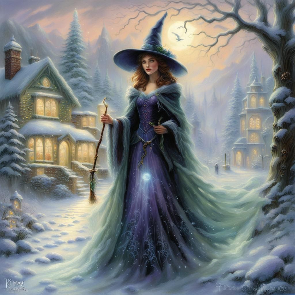 Ethereal Winter Witch in a Misty Landscape