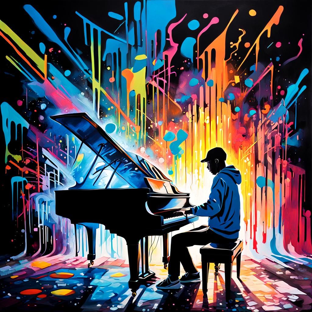 Glowing Piano in Dark Room, Graffiti Art Style