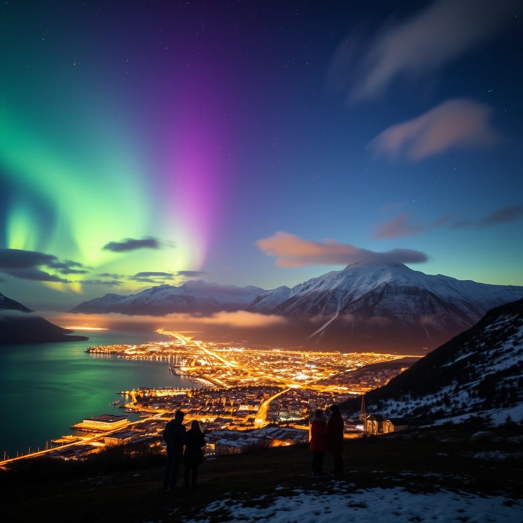 Surreal Night Scene of Tromsø Norway with Vibrant Northern L...
