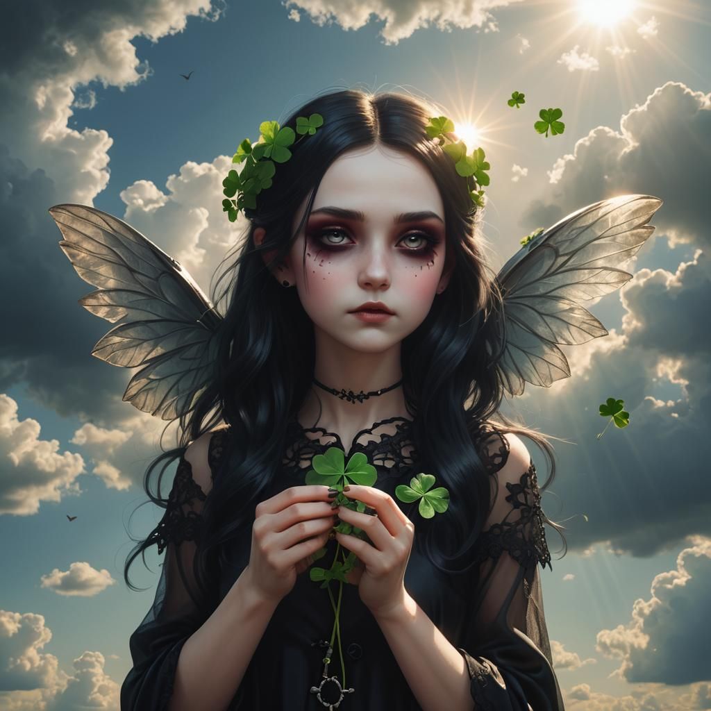 Winged Goth Girl with Four-Leaf Clover