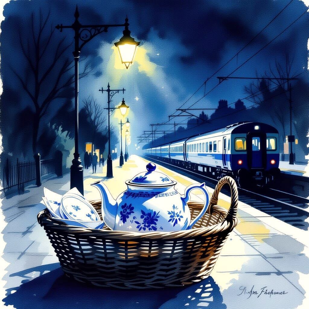 Watercolor Teapot in Basket at Railway Station