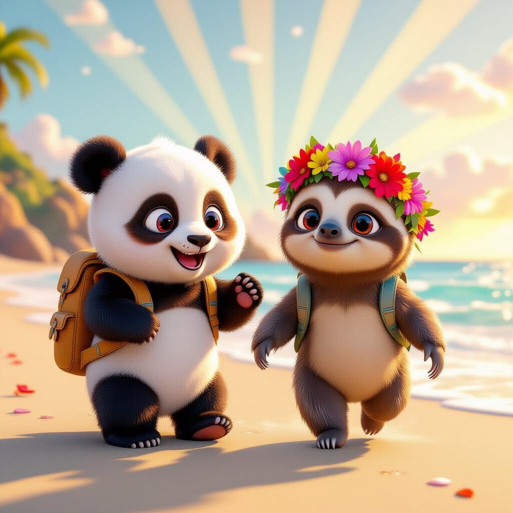 Panda and Sloth on Beach: 3D Digital Art