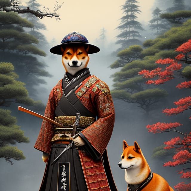 Samurai Shiba Inu with Sword: Hyperdetailed Cel-Shaded Art