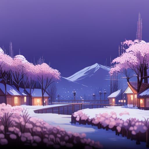 Snowy Village with Cherry Blossoms: Anime Key Visual