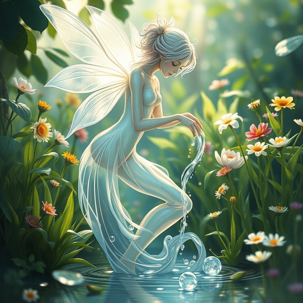 Water Faerie Nurtures Lush Garden with Gentle Waters