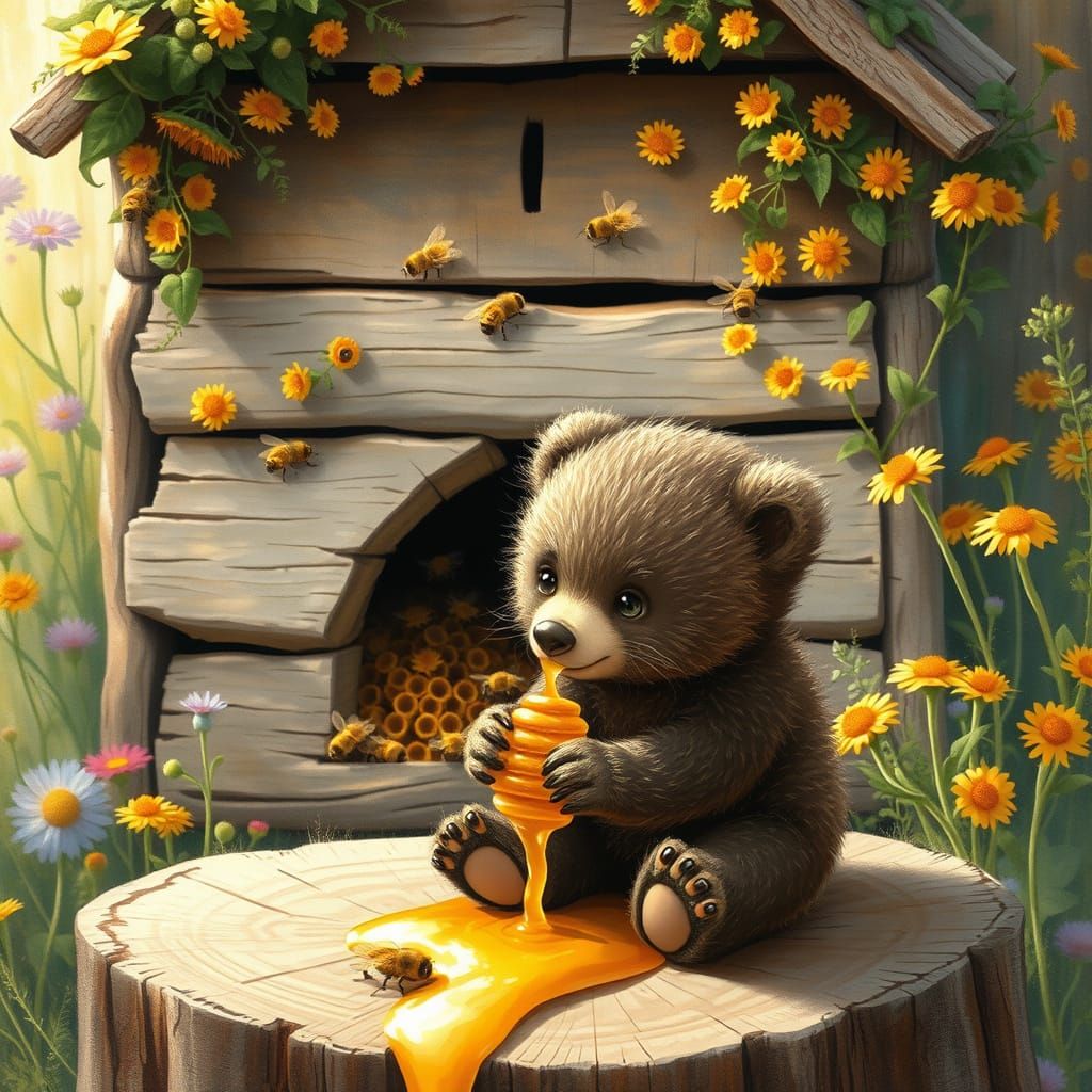 Whimsical Apiary Scene with Honeybees and a Bear Cub