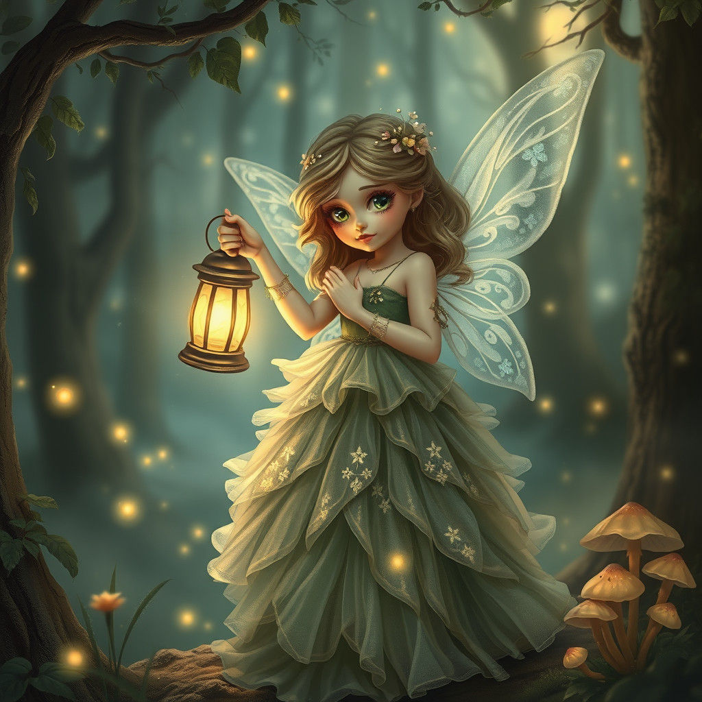 Enchanted Fairy with Lantern in Mystical Forest