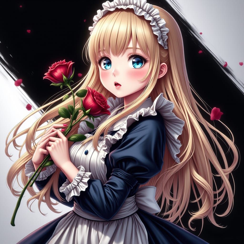 Anime Girl in Victorian Dress with Red Rose