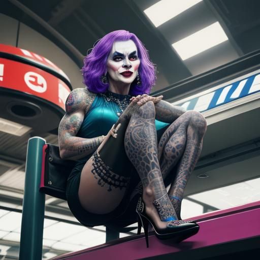 Joker Bodybuilder Posing in Tube Station: Hyperrealistic Art