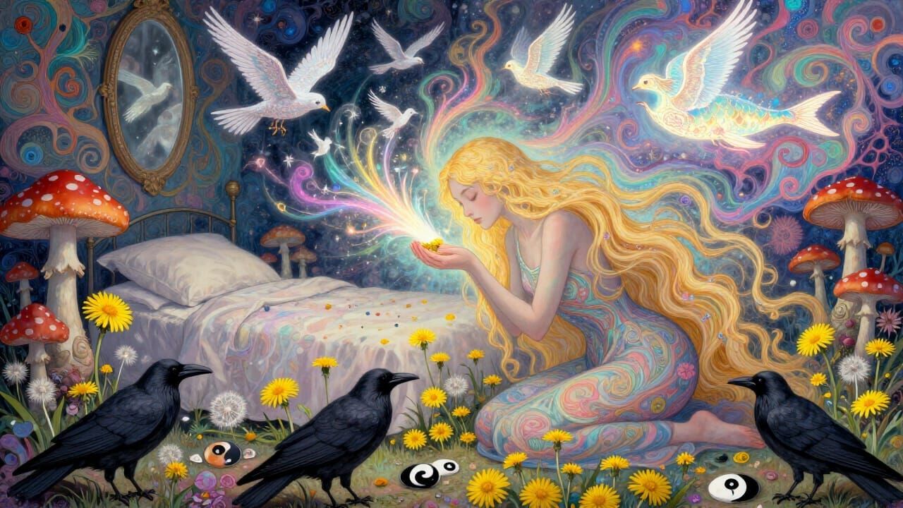 Dreamlike Aura Surrounds Sleeping Figure in Surreal Illustra...