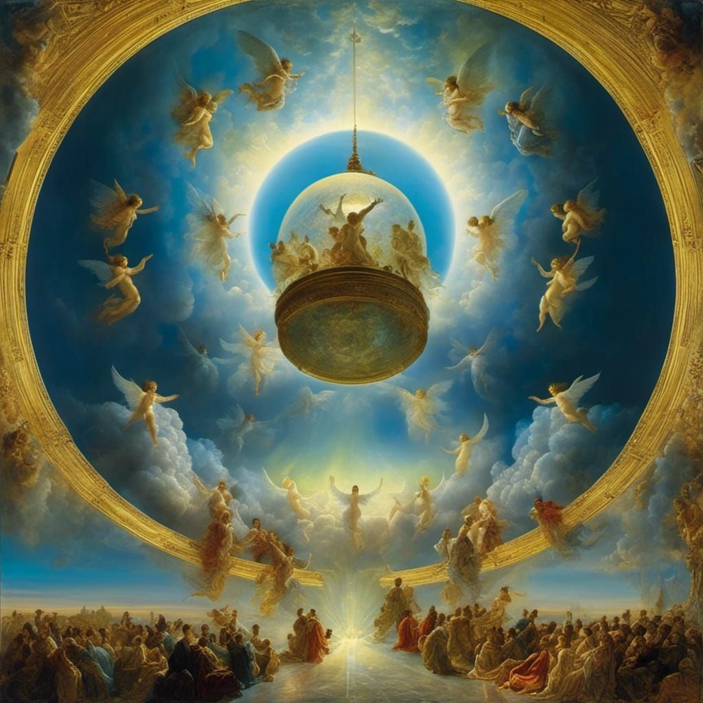 Angels Ascending in Iridescent Dome, Beksiński Style