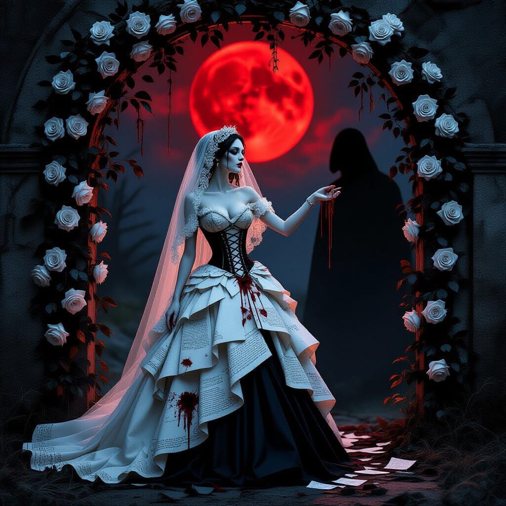 Gothic Bride Under Blood Moon in Dark Style