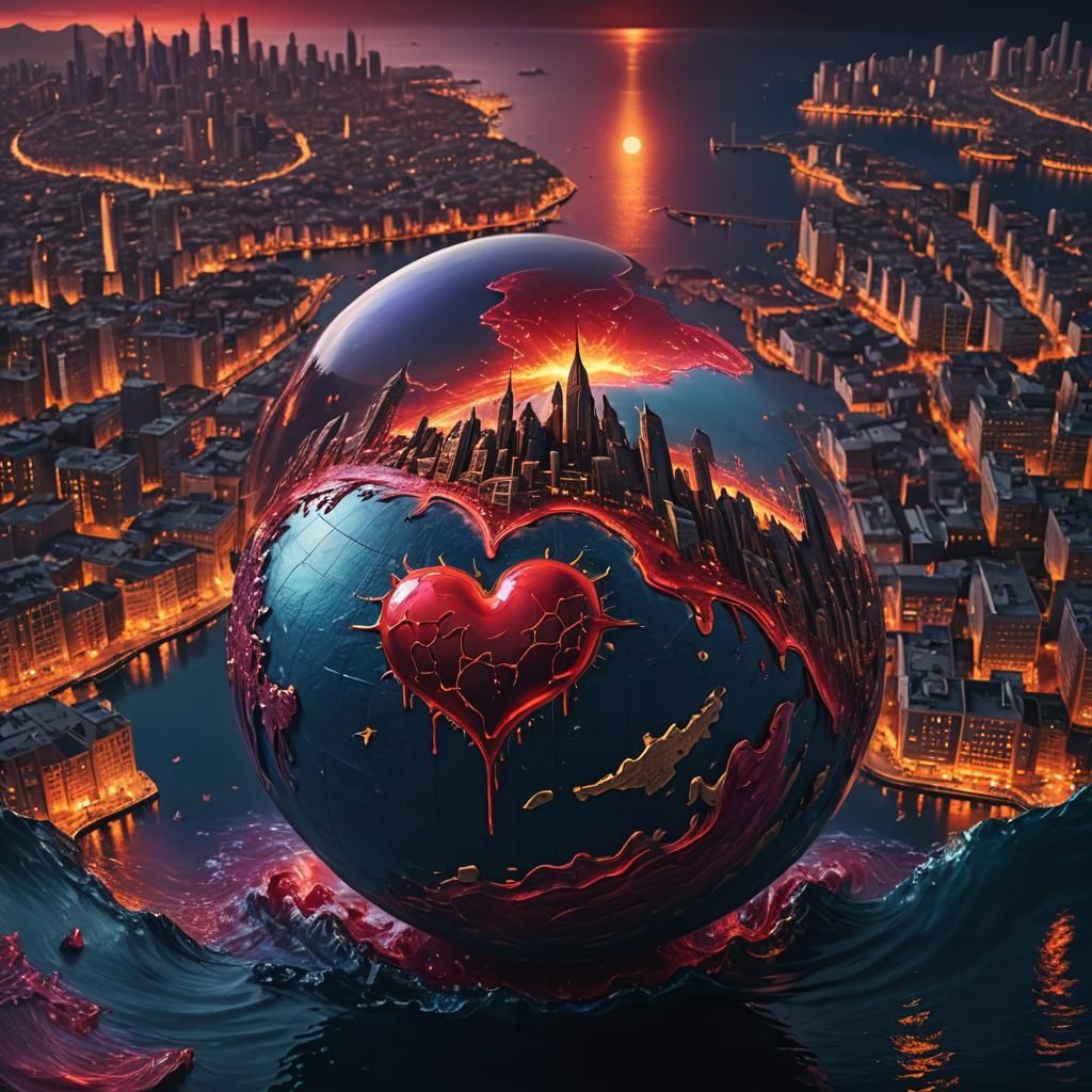 Bleeding Heart City: Surreal Globe in Crimson and Gold