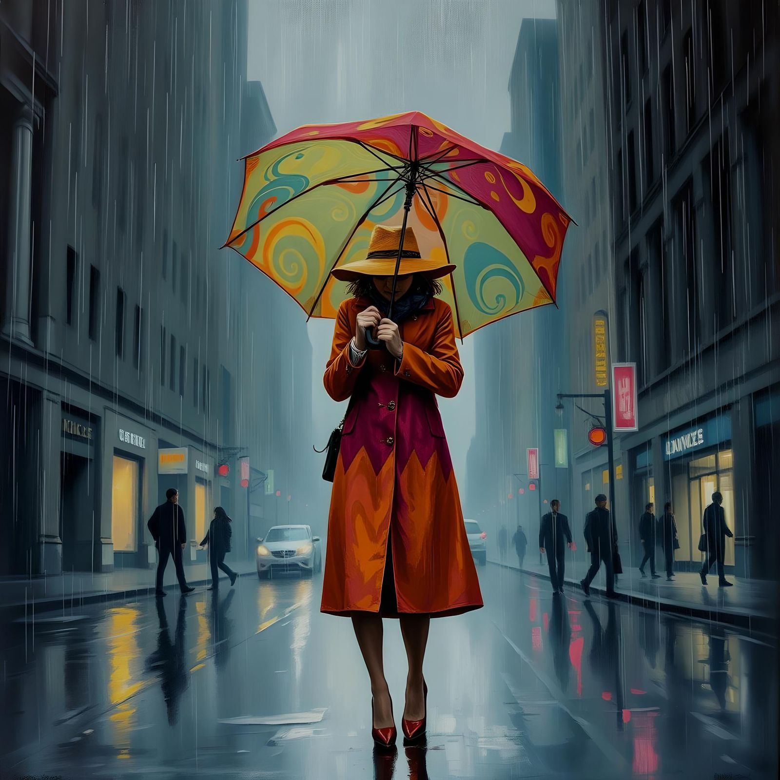 Woman with Umbrella on Rainy City Street, Oil Painting