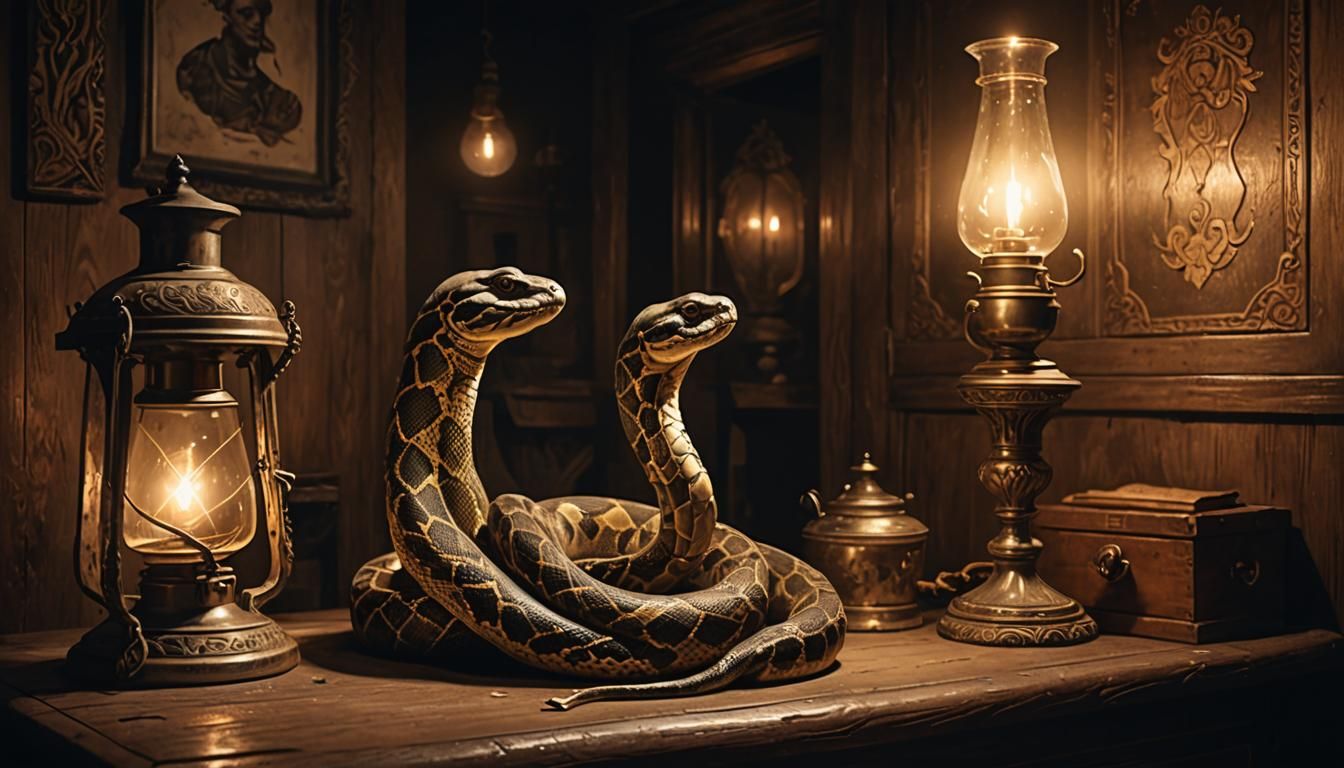 Python Coiled Around Antique Lamp in Vintage Illustration