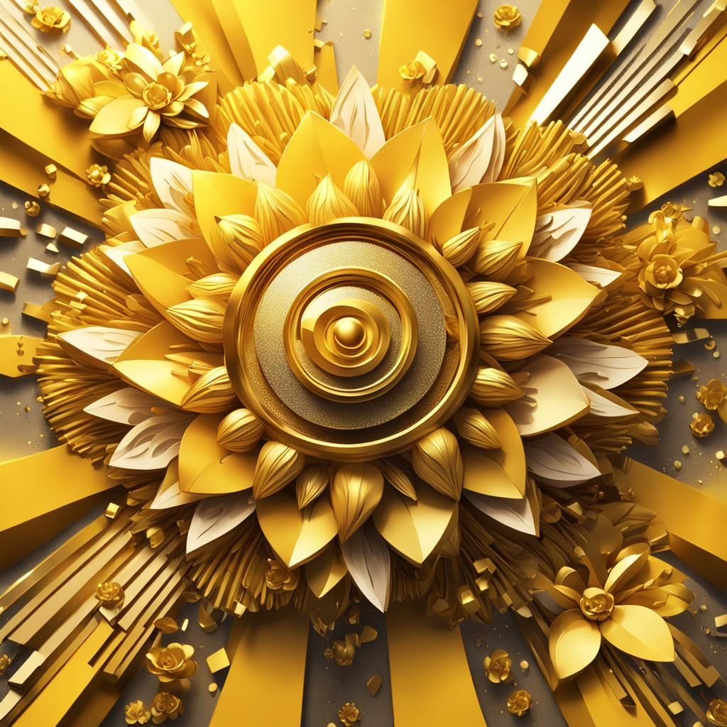 Golden Abstract Sun and Flowers in Cubist Style