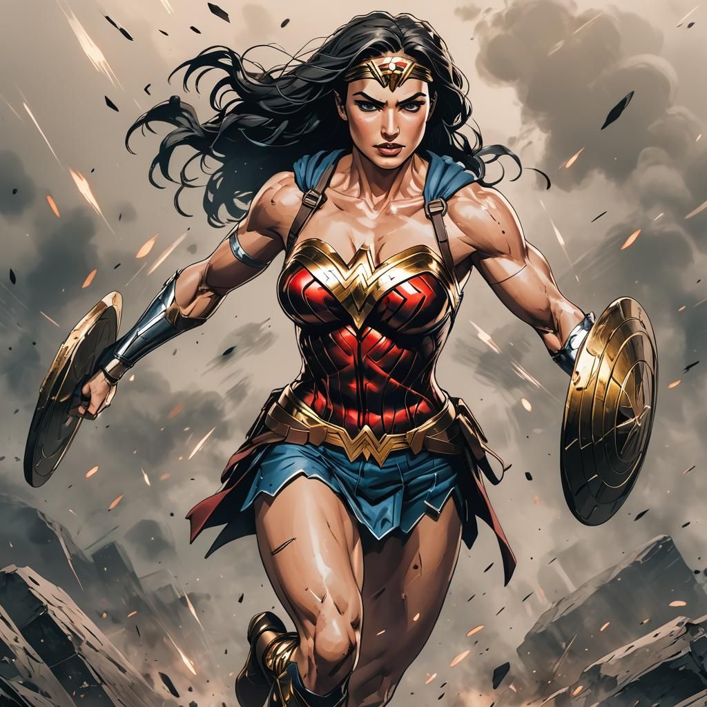 Wonder Woman on Battlefield in Anime Style