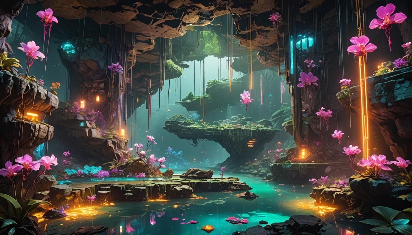 Cyberpunk Cenote: Opals and Orchids in Neon