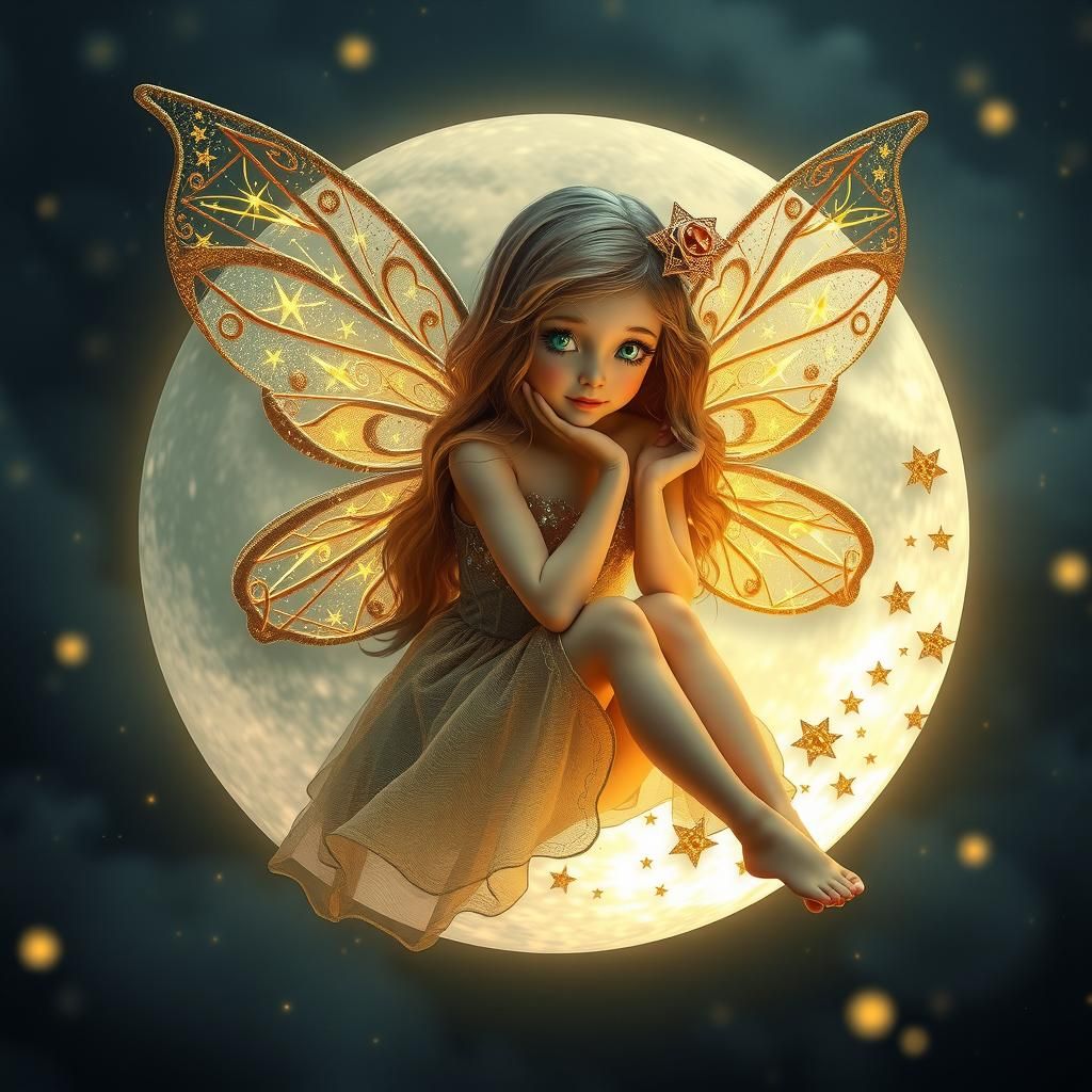 Vintage Fairy on Moon with Star Wings