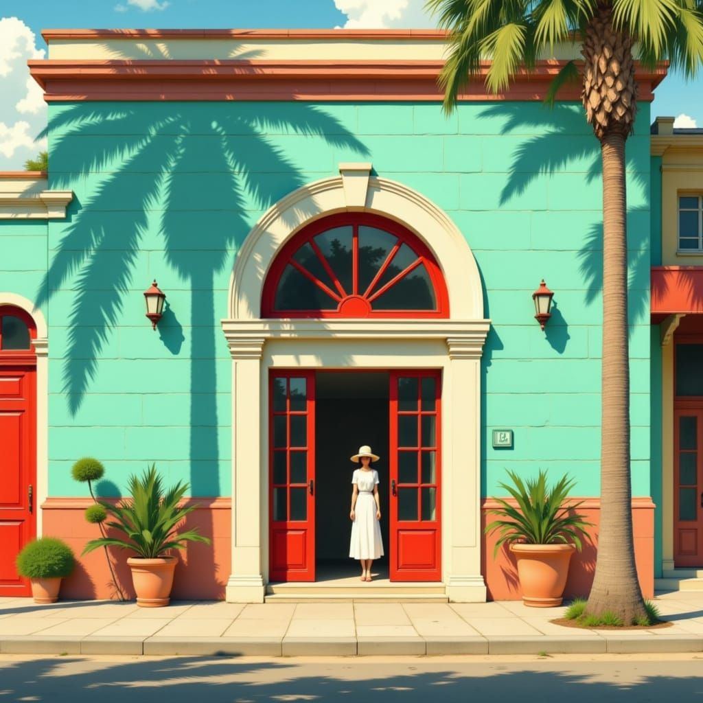 Turquoise Building with Red Archway in Anime Style