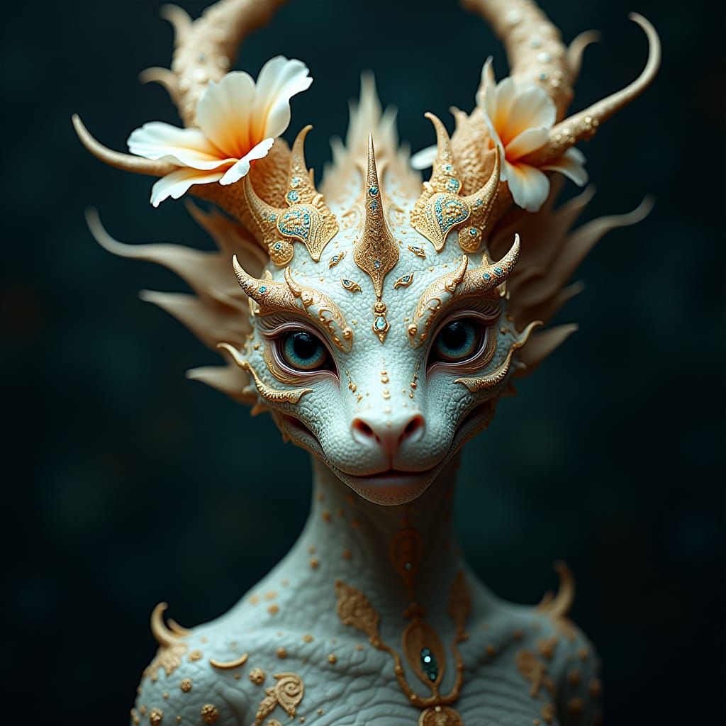 Anthropomorphic Dragon with Floral Headpiece, Hyper-realisti...