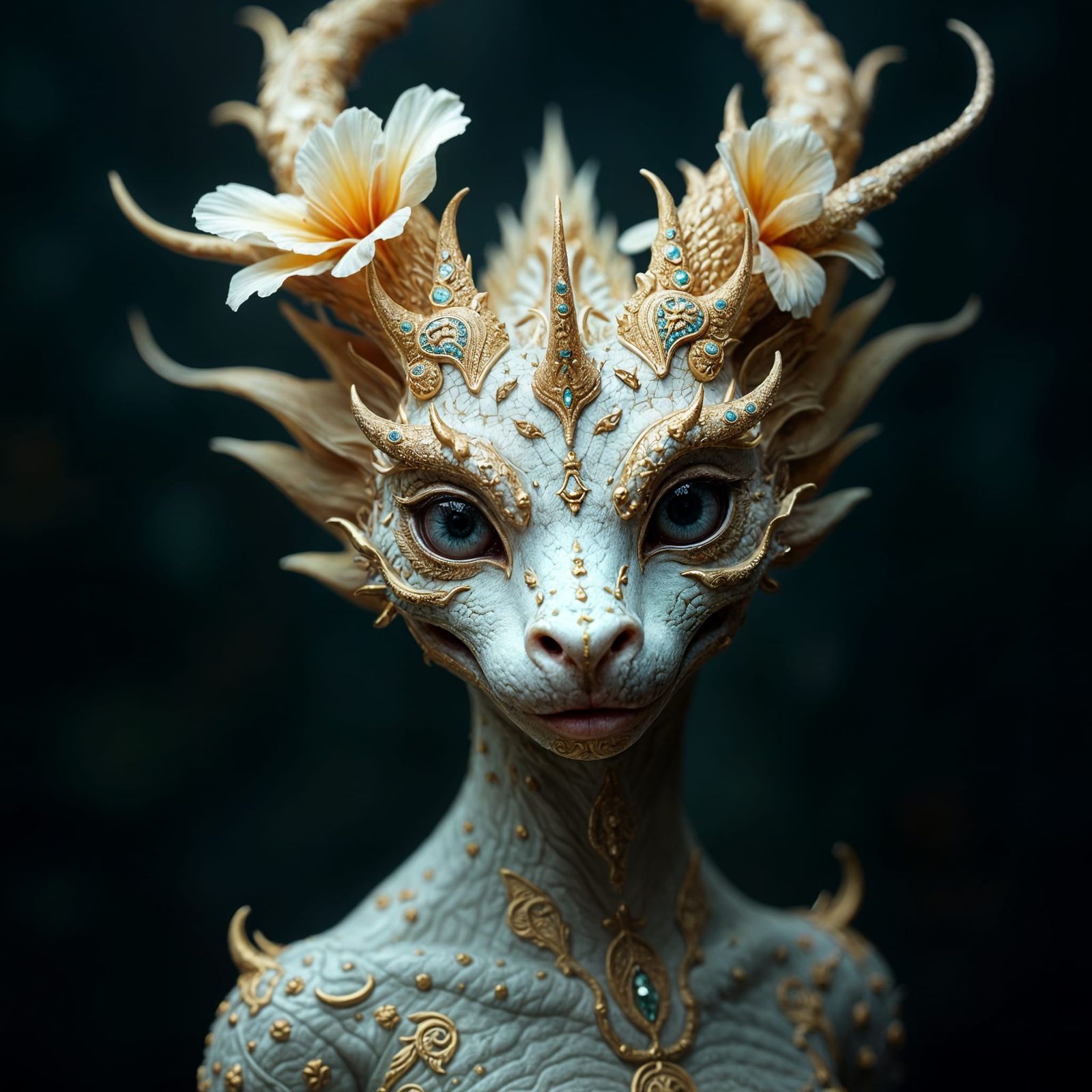 Anthropomorphic Dragon with Floral Headpiece, Hyper-realisti...