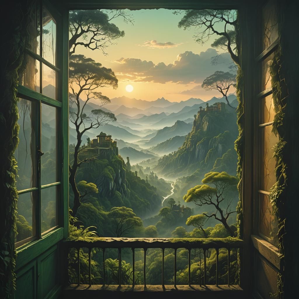 Lush Mountain Landscape at Dawn in Matte Painting Style