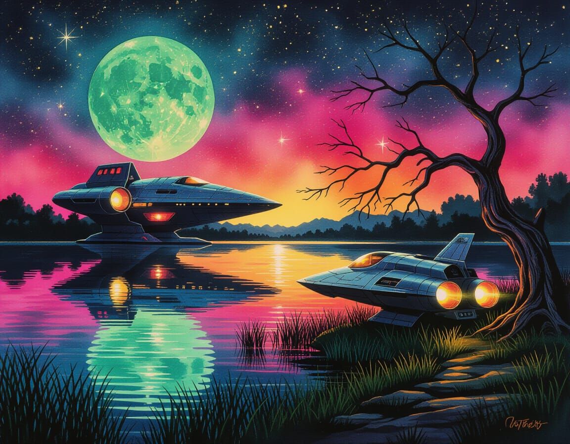 Abandoned Spaceship by Emerald Moonlit Lake