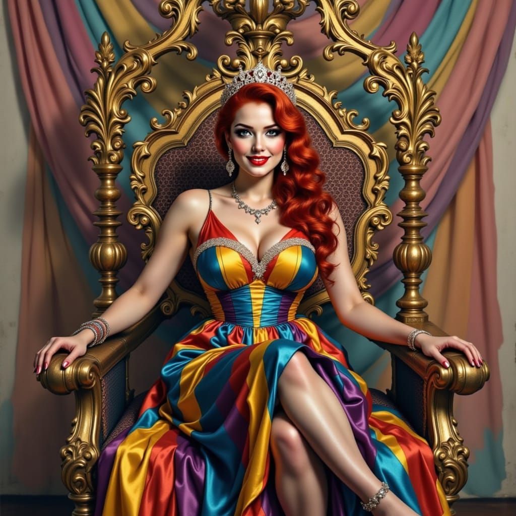 Glamorous Plus-Size Pin-Up Model in Vibrant Rainbow Dress