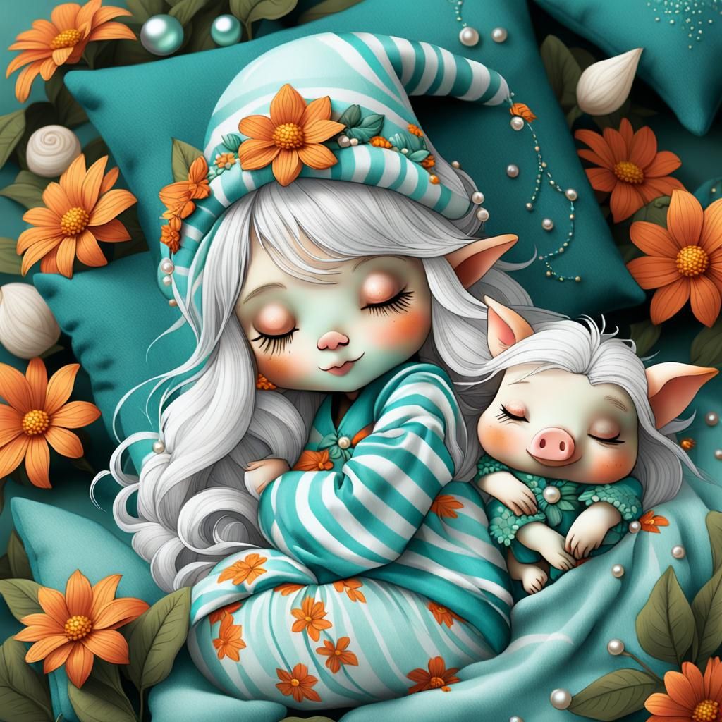 Chibi Gnome Girl Sleeping with Pig in Fantasy Style