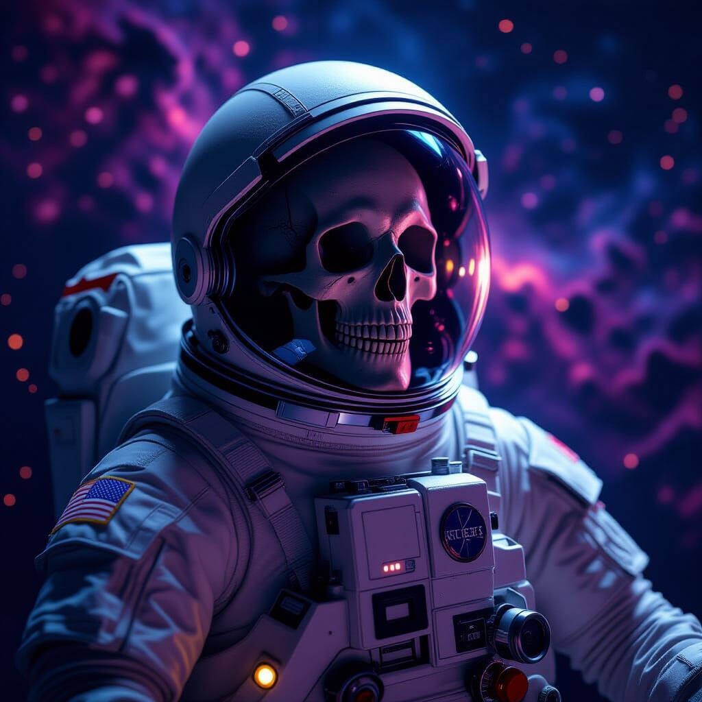 A lone skeletal astronaut adrift in the vast emptiness of sp...